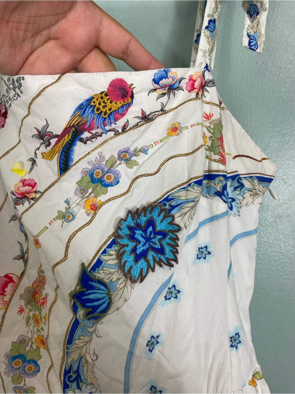 Anthropologie Tie Strap Printed Midi Dress Floral Sundress Birds Large - Picture 8 of 13